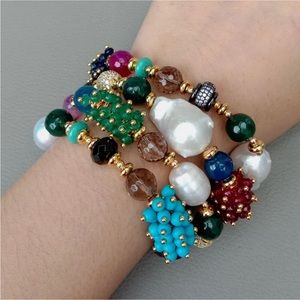 Cultured white Akashi pearl with agate ,jadeand turquoise beads with CZ bracelet